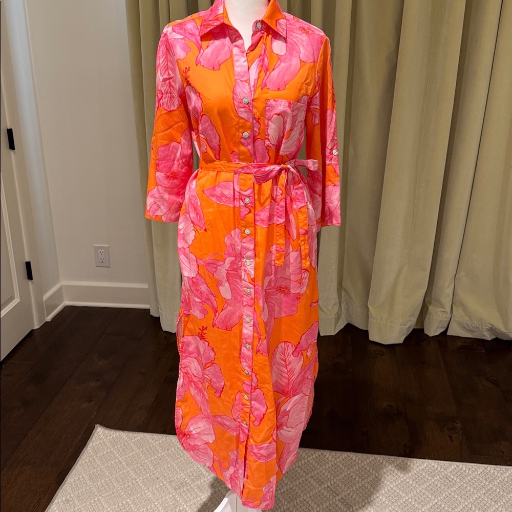 Finley - Women’s Alex Long Midi Shirt Dress Orange & Pink Floral - Size: XS - Picture 2 of 9